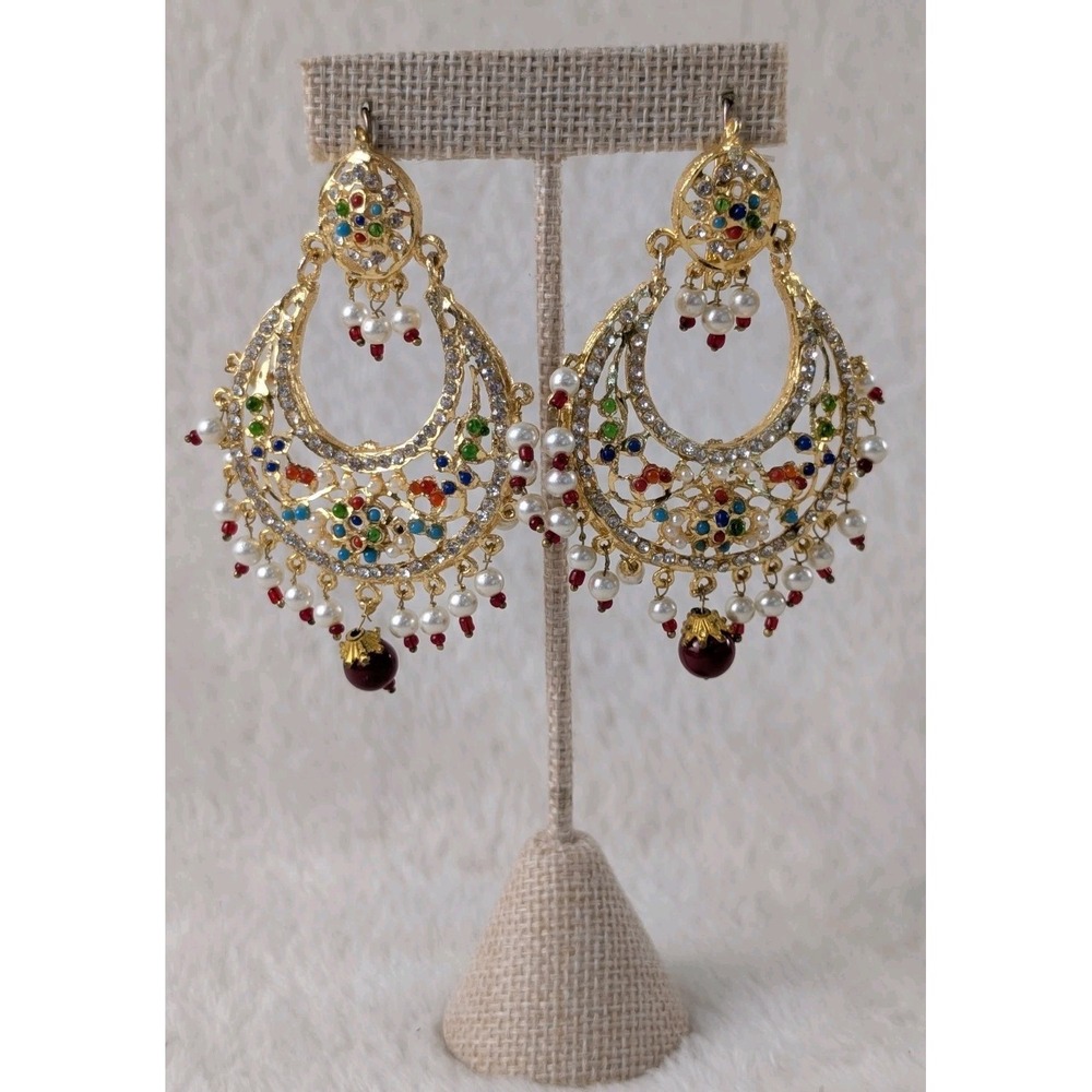 Indian Chandelier Earrings Gold Tone Pearl Multicolor Bollywood Style